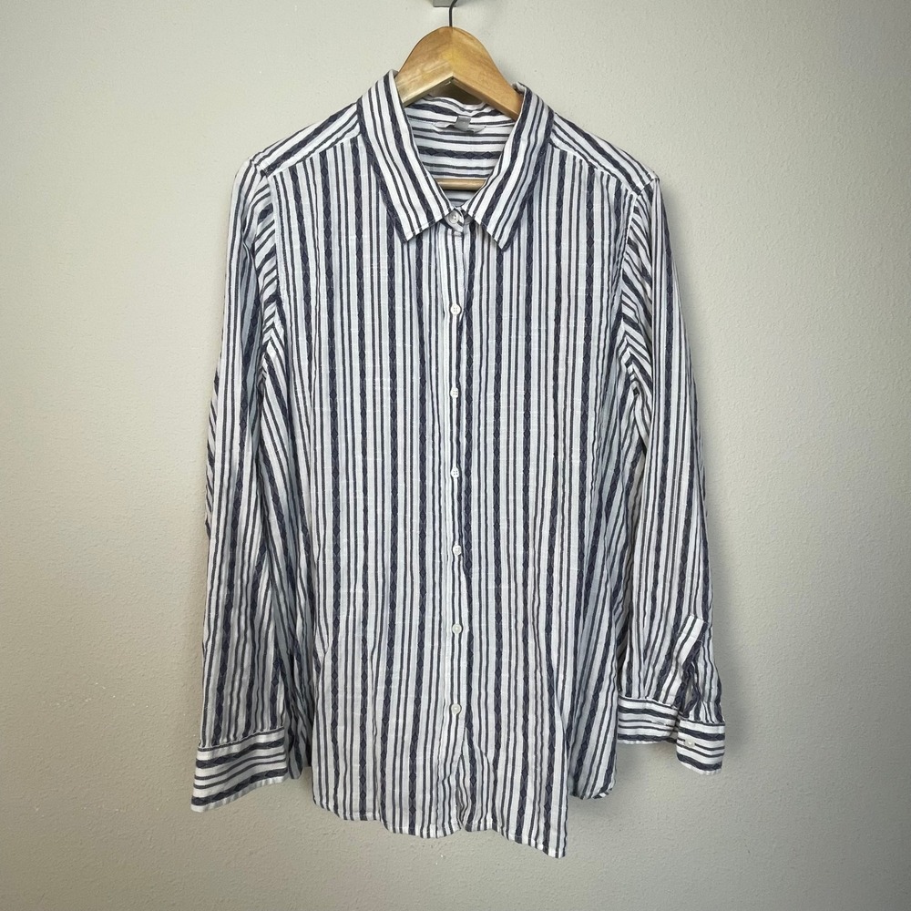 Lucky Brand Striped Button Up Shirt Women 1X Blue White Cotton Coastal Casual